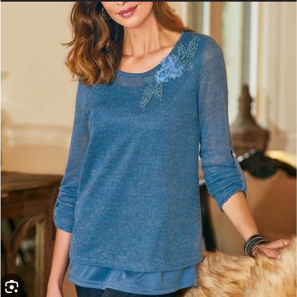 SOFT SURROUNDINGS Bella Luna Layered Sweater Floral Appliqué Size L - Picture 1 of 6